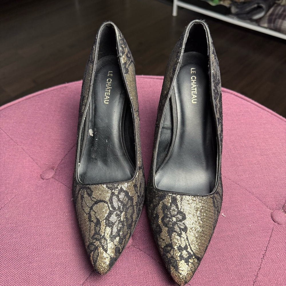 Vintage Le Château Lace Metallic Black and Gold Heels Y2K Vintage Size‎ 8 - Picture 3 of 8